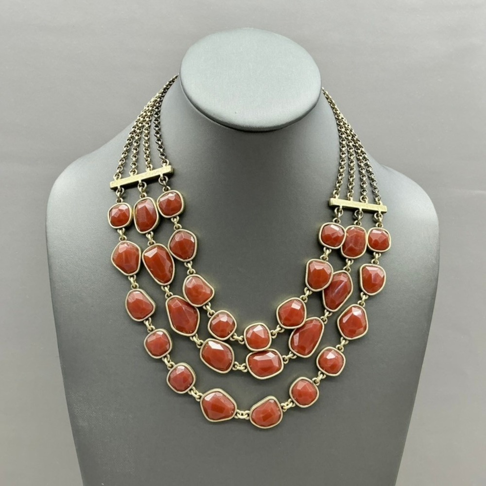 Lucky Brand Necklace Red Stone Triple Strand Gold Tone Boho Statement Signed 18"